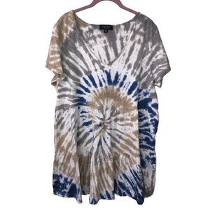 Arna York Womens Size 14/16 Dress Tiered Tee Shirt Tie Dyed Blue Gray Tan Plus